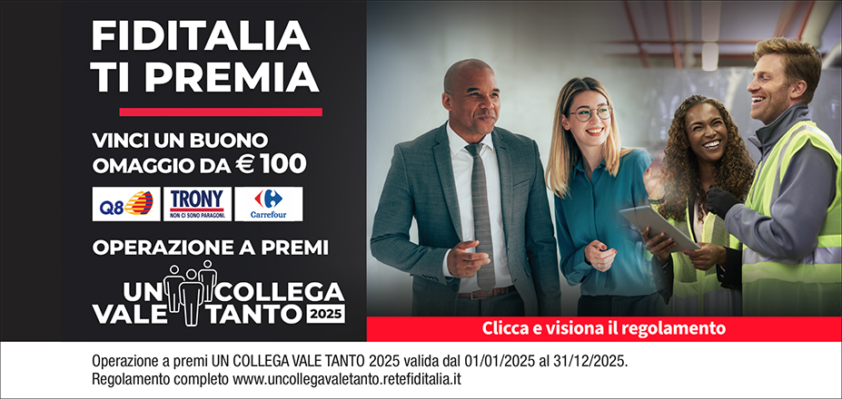 Agenzia MD Financial Services S.r.l. Fiditalia | Catania, San Giovanni La Punta | Fiditalia ti premia - Vinci un buono omaggio da €100. Operazione a premi. Clicca e visiona il regolamento. Operazione a premi UN COLLEGA VALE TANTO 2025 valida dal 01/01/2025 al 31/12/2025. Regolamento completo www.uncollegavaletanto.retefiditalia.it