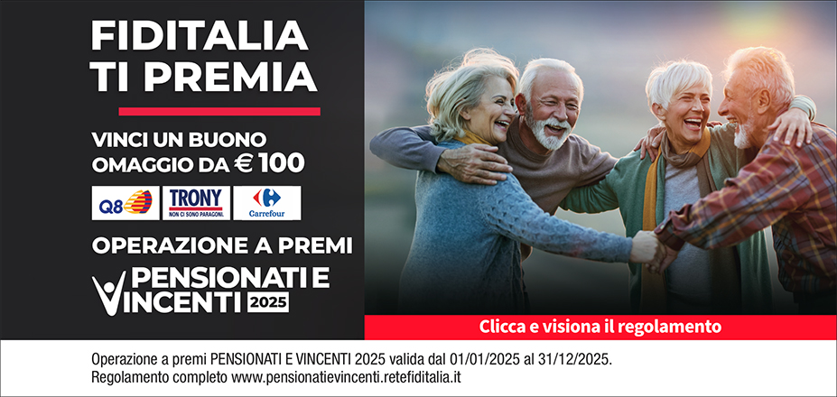 Agenzia MD Financial Services S.r.l. Fiditalia | Catania, San Giovanni La Punta | Fiditalia ti premia - Vicni un omaggio da €100. Operazione a premi. Clicca e visiona il regolamento. Operazione a premi PENSIONATI E VINCENTI 2025 valida dal 01/01/2025 al 31/12/2025. Regolamento completo www.pensionatievincenti.retefiditalia.it